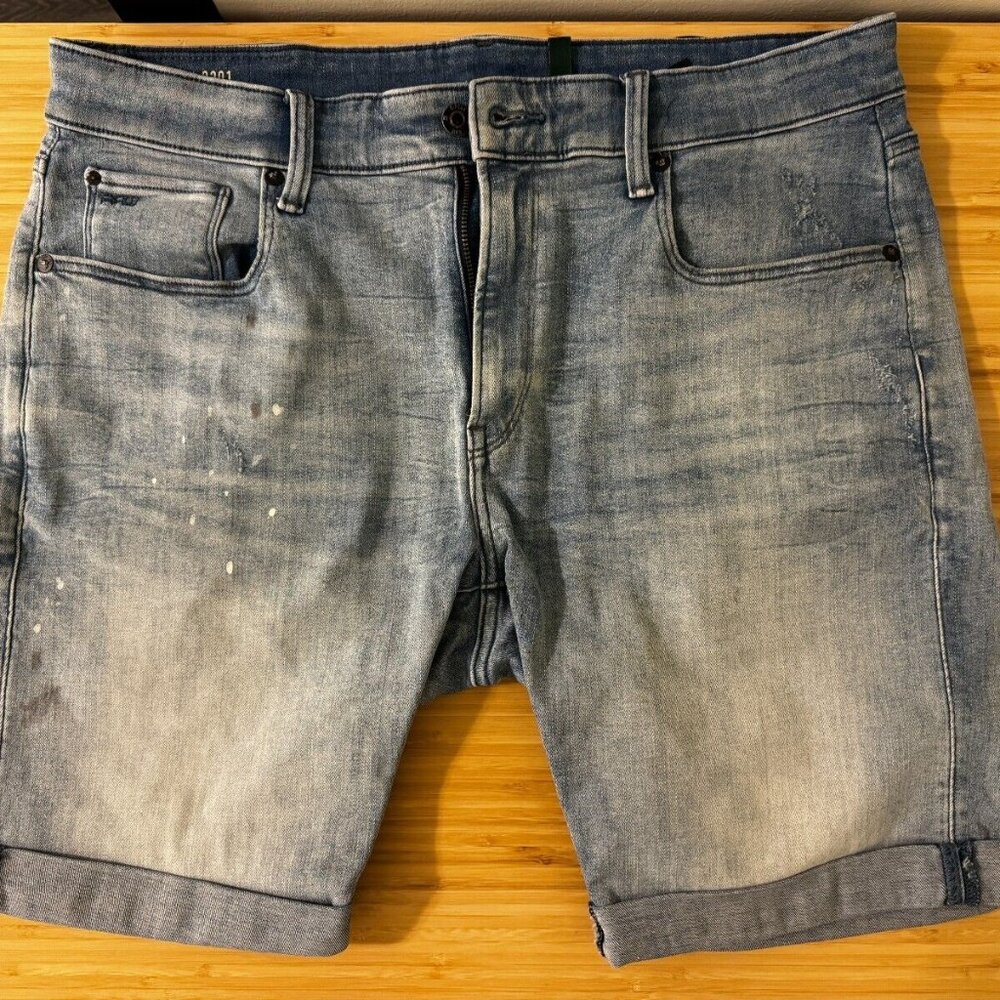 G-Star Raw 3301, Size W35 Stretch Slim Jean Shorts Denim Vintage Destroy Blue
